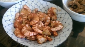 Sauteed Garlic Prawns, Matsutake Mushrooms, and Thai Beef Jerky for breakfast.