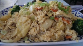 Pineapple Fried Rice, Spicy Salmon, and Tom Yum Kai Soup for lunch